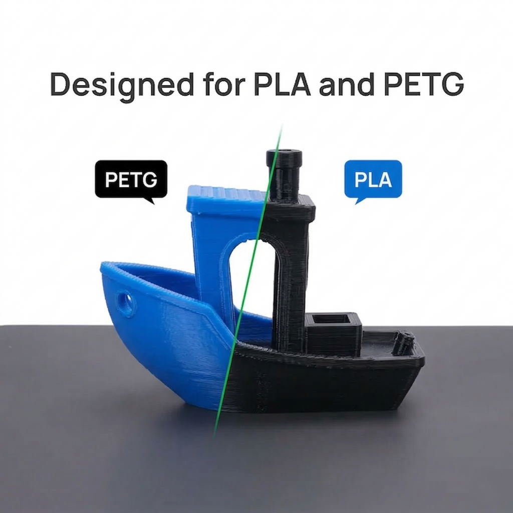 Wydruk modelu Benchy z PLA i PETG na płycie roboczej Cool Plate