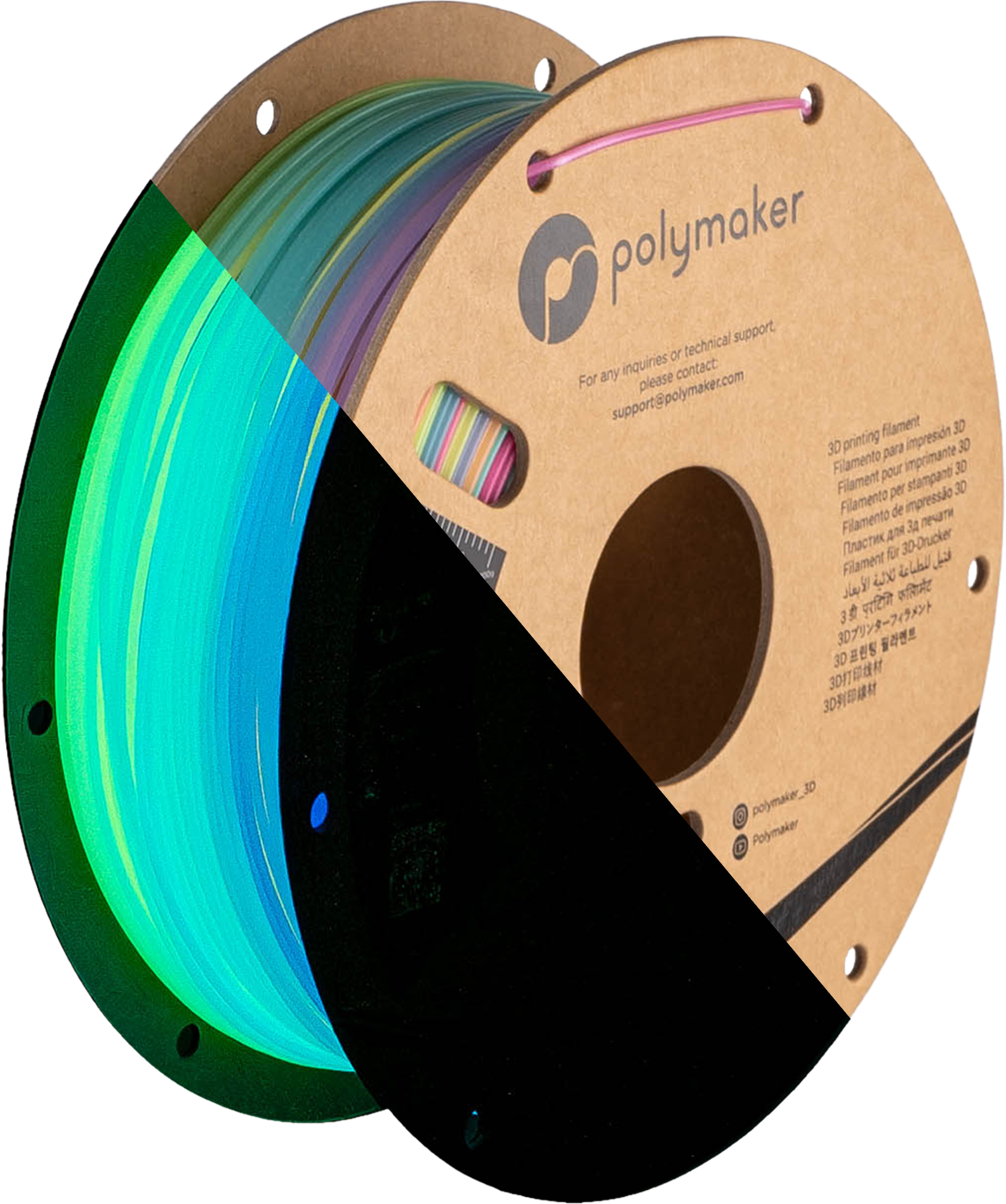 Szpula filamentu PLA świecący tęczowy, Polymaker, 1,75 mm