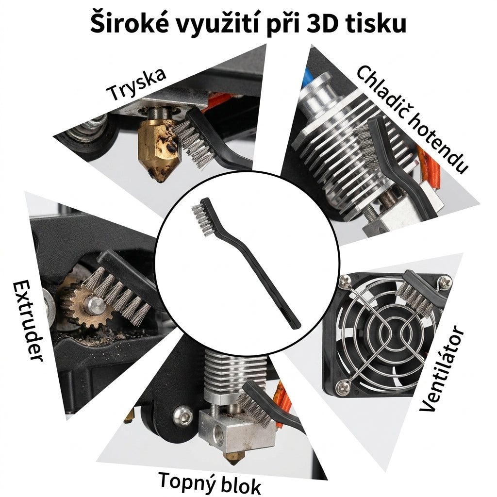 Zastosowanie szczotki drucianej do czyszczenia drukarki 3D, dyszy, radiatora hotendu, wentylatora, bloku grzewczego i ekstrudera
