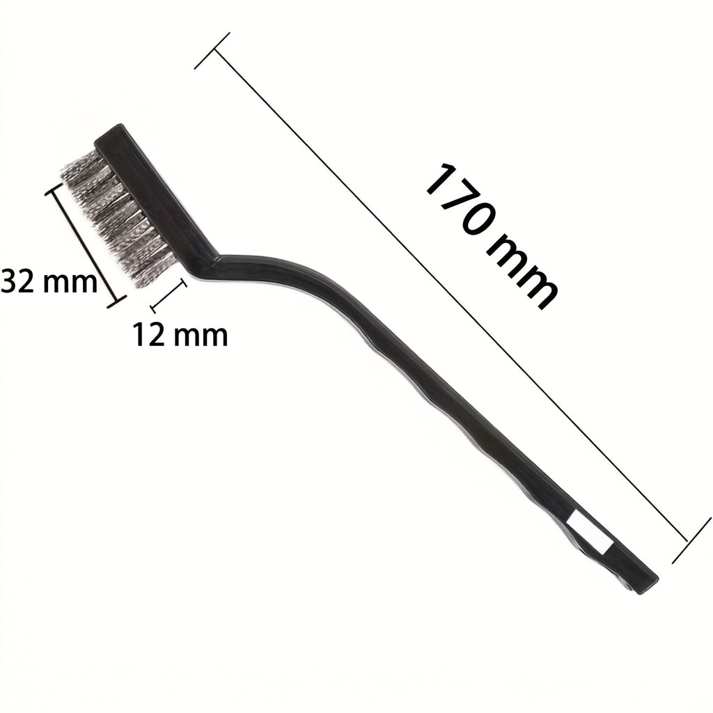Szczotka druciana ze stali nierdzewnej z czarną rękojeścią z tworzywa, długość 170 mm, główka 32 × 12 mm