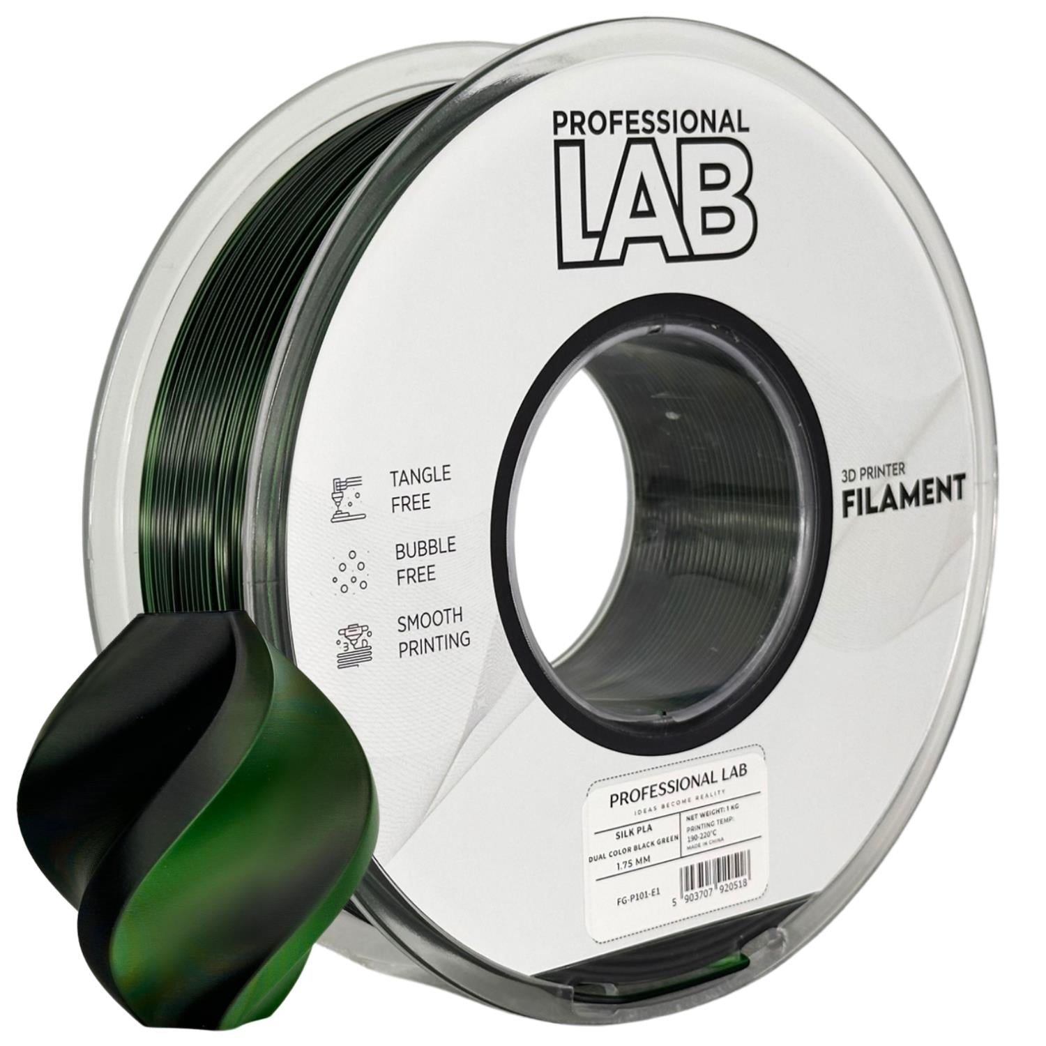 Szpula filamentu Silk PLA Dual Color czarno-zielony, Prof. Lab, 1,75 mm