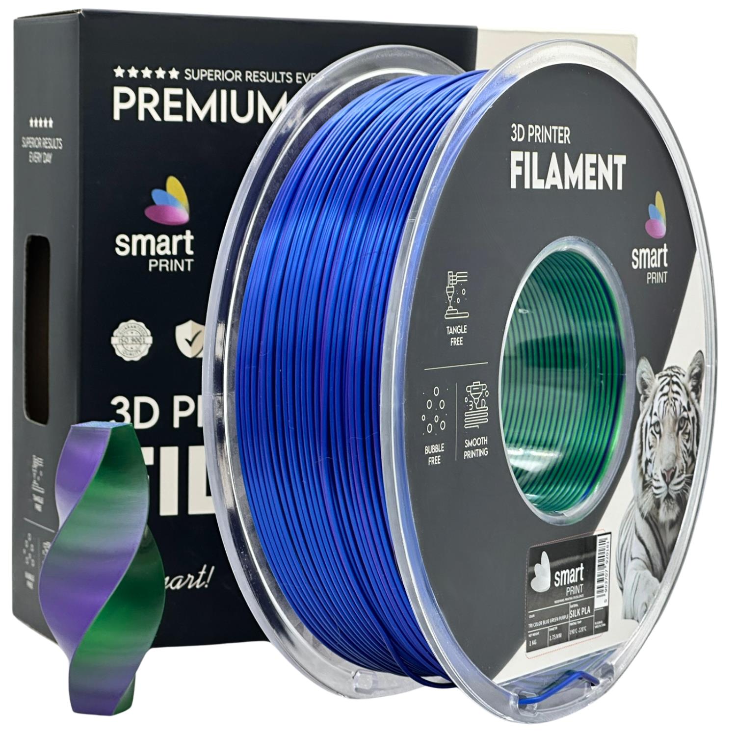 Szpula filamentu Silk PLA Trójkolorowy niebieski zielony fioletowy, Smart Print, 1,75 mm
