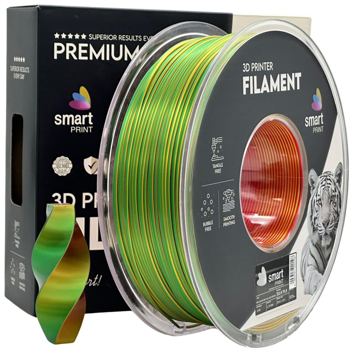 Szpula filamentu Silk PLA Trójkolorowy czerwony żółty zielony, Smart Print, 1,75 mm