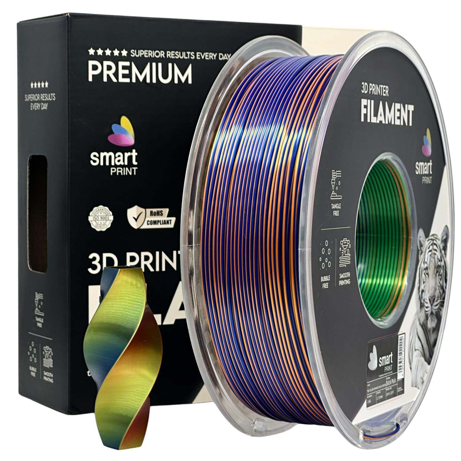 Szpula filamentu Silk PLA Tri Color pomarańczowy niebieski zielony, Smart Print, 1,75 mm