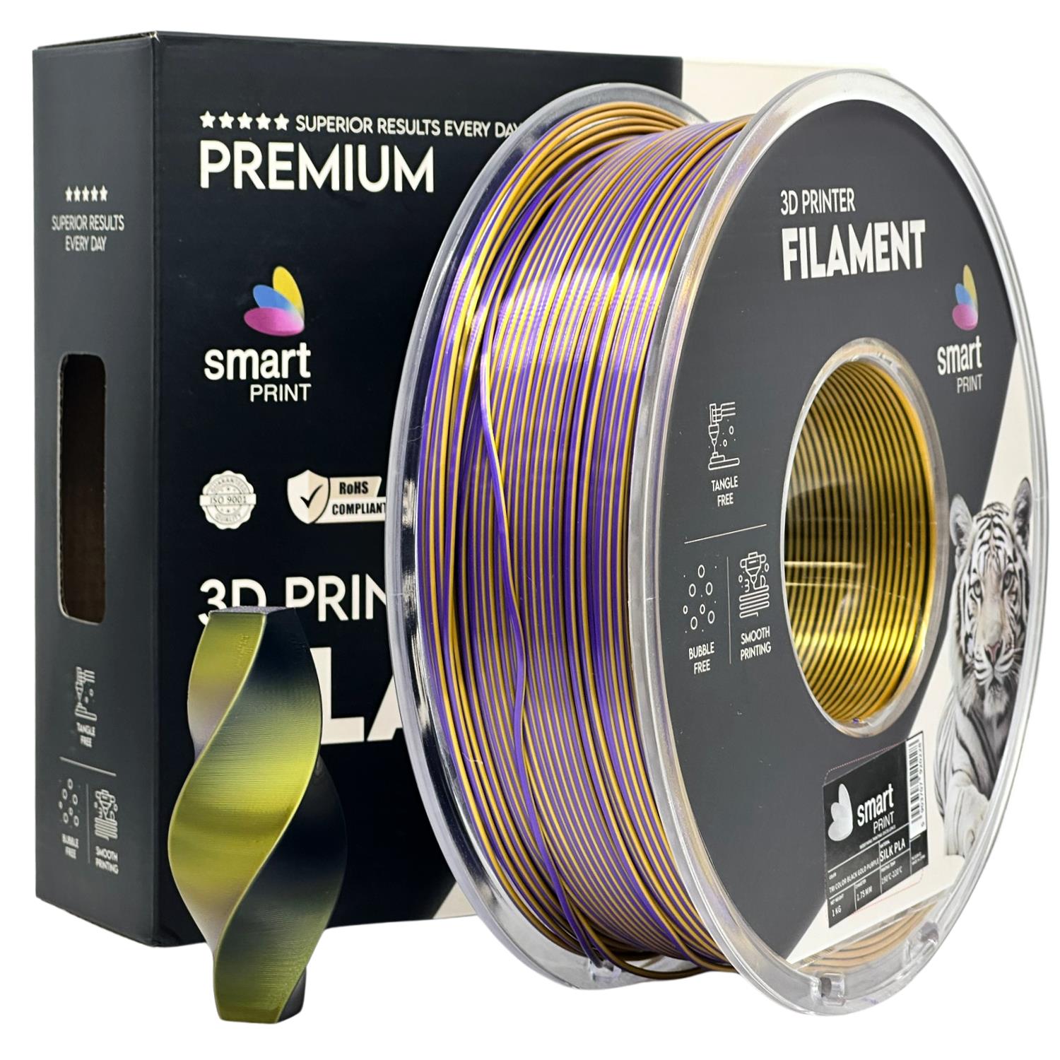 Szpula filamentu Silk PLA Trzykolorowy czarny złoty fioletowy, Smart Print, 1,75 mm