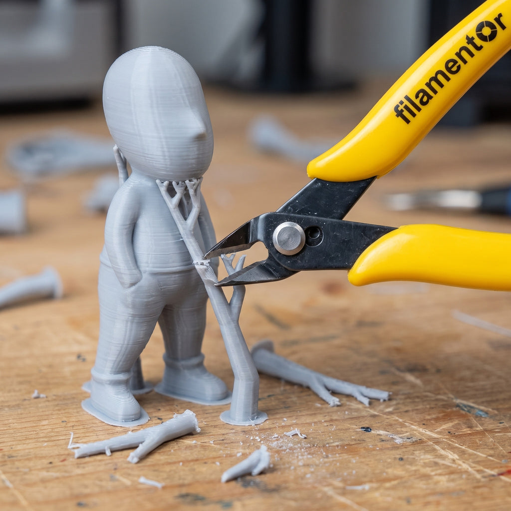 Szczypce tnące Filamentor usuwają podpory z szarego wydruku 3D