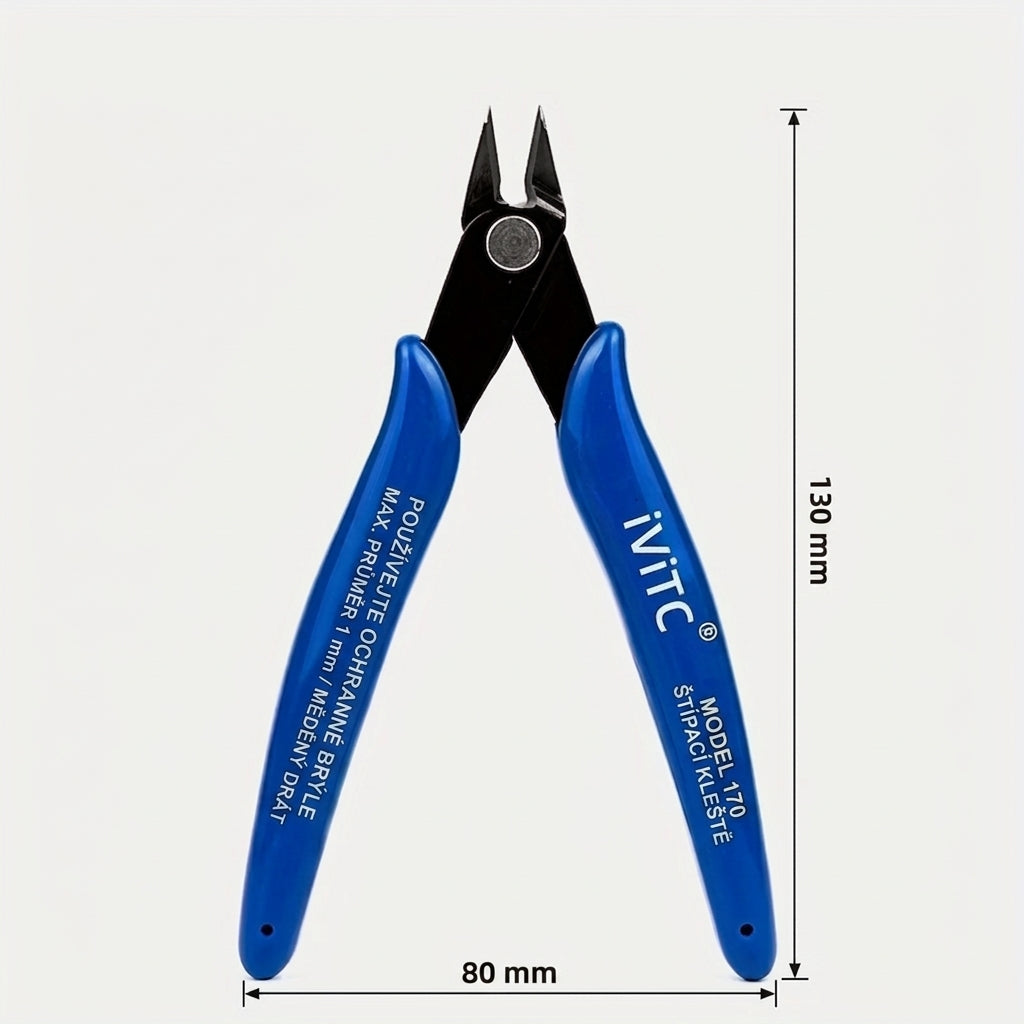 Niebieskie szczypce tnące iViTC Model 170 z zaznaczonymi wymiarami 80 × 130 mm